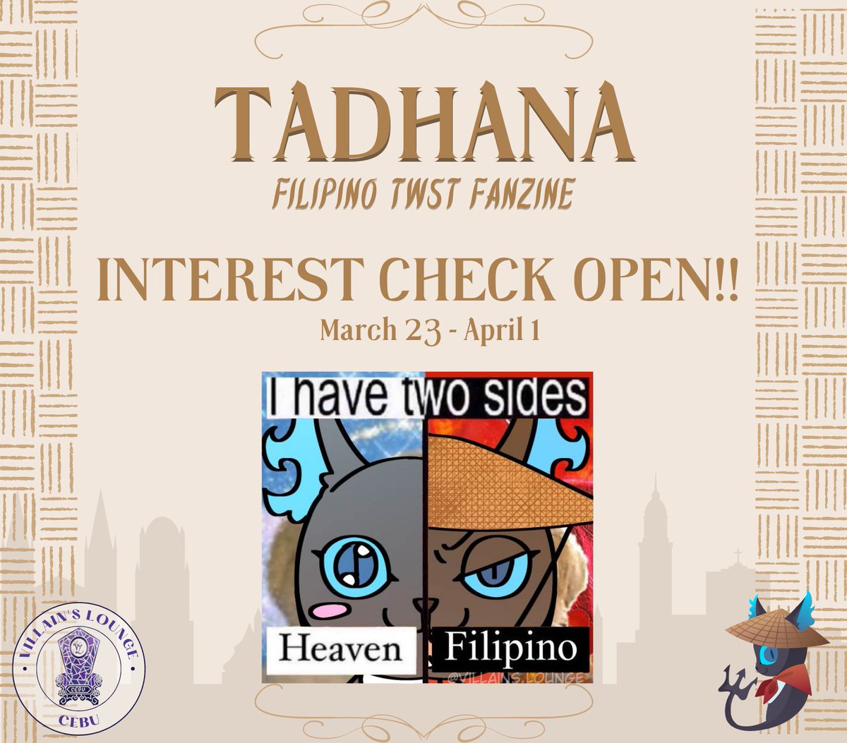 Villains_Lounge's tweet photo. Kumusta ka, brad? 

📢Villain's Lounge would like to announce our upcoming project, Tadhana: A Filipino Twisted Wonderland Zine! 

Filling out the form will help us to know if there's enough interest to launch the zine! Click the link to fill it out 🥭 
🔗 https://t.co/ofYkbYMcPG https://t.co/TTxNDrtIbA