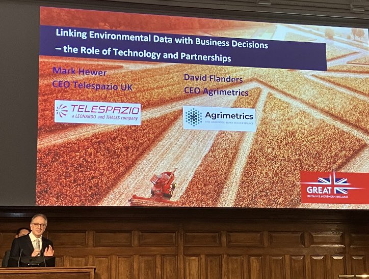 An honour to talk at the Game Changing Technology for Agriculture event today. Organised by @biztradegovuk we outlined our work with @TelespazioUK on hosting 4,500 nationally critical datasets for @DefraGovUK as well as fantastic examples from @regenagri_org & @BASFcropUK #GCTA23