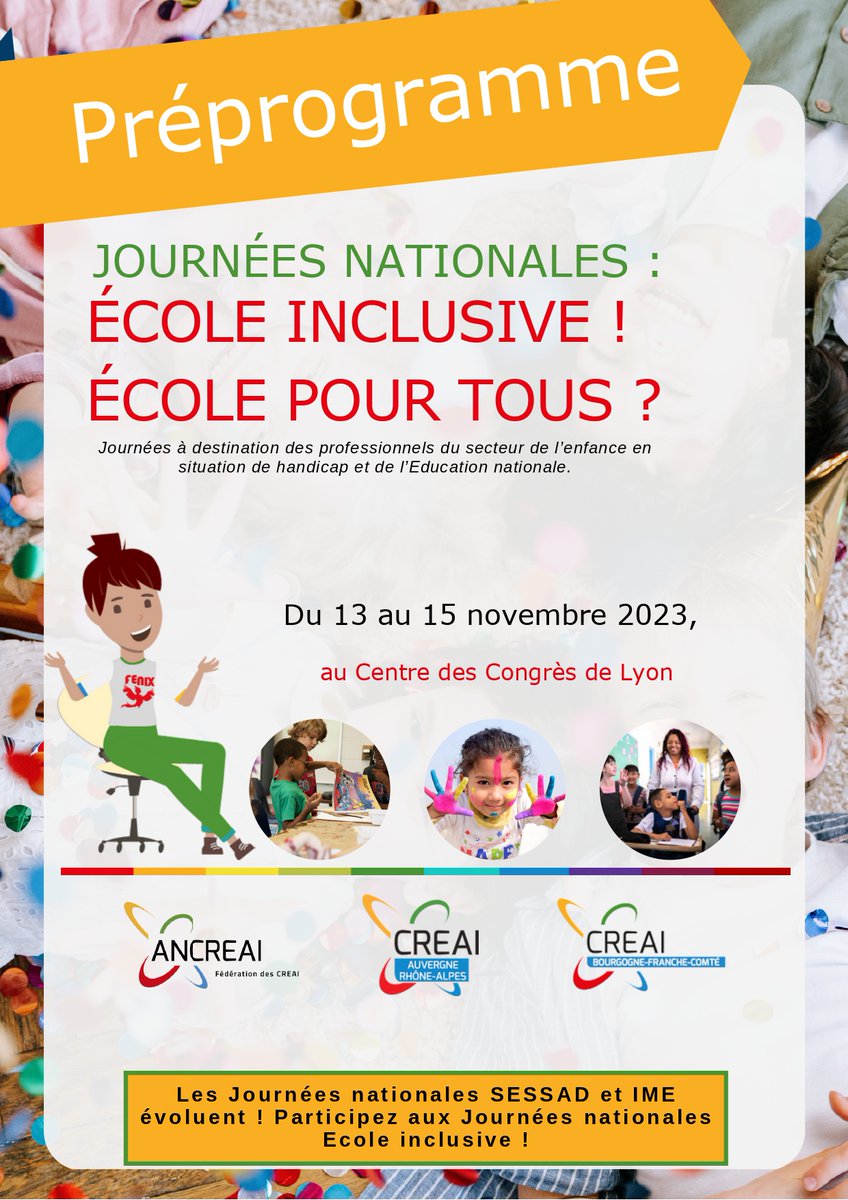 📢 [OUVERTURE DES INSCRIPTIONS] 

Les "Journées Nationales : Ecole Inclusive ! Ecole pour tous ?" se dérouleront du 13 au 15 novembre 2023 au Centre des Congrès de Lyon.

Inscrivez vous 👉 bitly.ws/BWk6