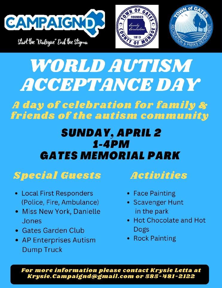 Save the date and celebrate Autism with someone you love
❤️🧩❤️🧩❤️🧩❤️🧩❤️🧩❤️

World Autism Acceptance Day Celebration is just that ...a CELEBRATION of inclusivity in our community.  It the the joining of families who live with autism everyday.