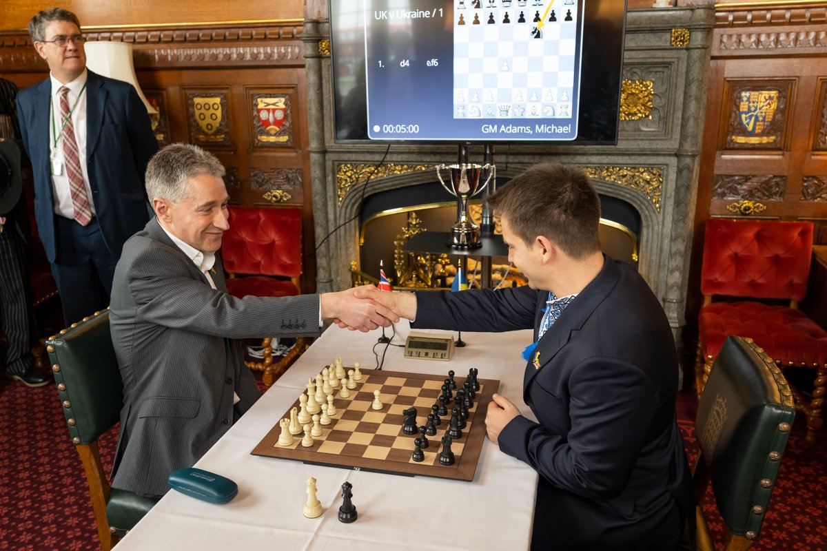 I made the ceremonial opening move – d2 to d4, the Queen’s Pawn – for <a href="/MickeyAdamsGM/">Michael Adams</a>, the UK’s number one chess player - while <a href="/VPrystaiko/">Vadym Prystaiko</a> replied with Knight f6 for Andrei Volokitin, reigning Ukrainian chess champion, in the eight-minute Blitz game at Speaker’s House.