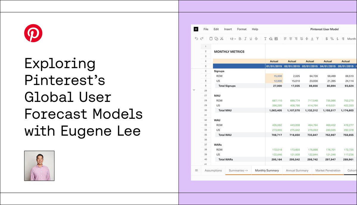 Second installment of the Operator’s Dilemma is live!  

I sat down with <a href="/eugenejylee/">Eugene Lee</a>, former Head of BizOps <a href="/Pinterest/">Pinterest</a>, to learn how his team forecasted Global User volumes to drive growth and optimize monetization.

Links to the blog post, video and Equals template below!