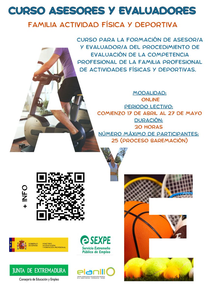 sportmaking's tweet photo. Curso para la formación de Asesores y Evaluadores. Familia Actividad Física y Deportiva. Modalidad 💻Online 100% - Inscripción Gratuita -🗓️Inscripciones hasta el 9 abril).  Info https://t.co/43jXBLCXwJ 
@Junta_Educacion #Sexpe @empleo_SEPE @ElAnilloInnova @ClusterDeporte @COPLEXT https://t.co/lHIJHimyRa