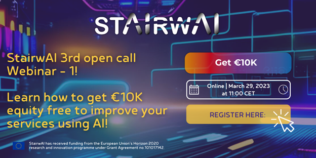 StairwAI's tweet image. ⏰1 week left until the StairwAI 3rd open call webinar 1!⏰
🗣️ Grab your seat &amp;amp; learn how to get up to €10K equity-free to improve your services using AI! 

🤑 Get up to €10K.
📍 Online | March 29 at 11:00 CET.

👉 Register here:  bit.ly/3yycyWd 

#AI #SME #AiforSME
