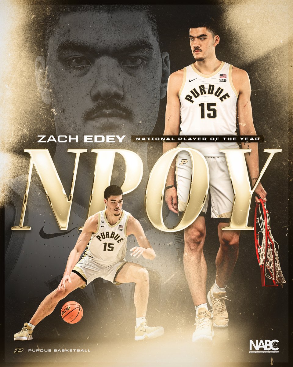 BoilerBall's tweet image. 🏅 @zach_edey is the @NABC1927 National Player of the Year.

✅ First Purdue recipient since Glenn Robinson in 1994. 
✅ Has now won the Sporting News NPOY and NABC NPOY awards.