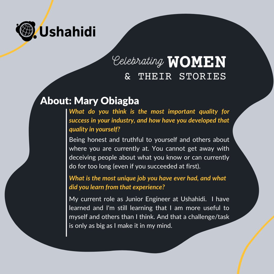 ushahidi's tweet image. As we celebrate #UshahidiWomen this month, we can't forget our in-house junior developer, @obiagba_mary. Mary's story is one of hard work and self-awareness.

Mary loves playing the guitar and she often uses music as her muse when writing code. Here's a little about her. #IWD23