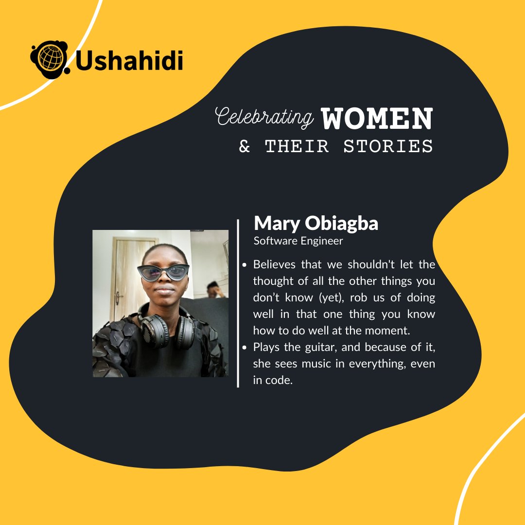 ushahidi's tweet image. As we celebrate #UshahidiWomen this month, we can't forget our in-house junior developer, @obiagba_mary. Mary's story is one of hard work and self-awareness.

Mary loves playing the guitar and she often uses music as her muse when writing code. Here's a little about her. #IWD23
