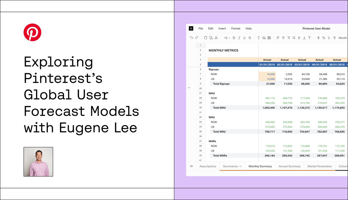 Today we're excited to share the model that @Pinterest used to forecast MAUs in run up to IPO. Built by @eugenejylee, their former Head of Biz Ops. This is installment two of our Operators Dilemma series where we share real models from great tech companies. Links below 👇
