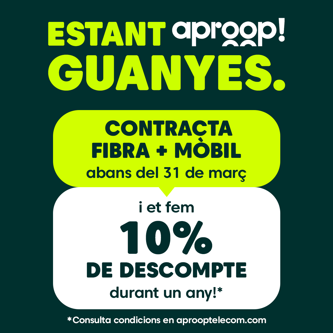 Encara estàs a temps: pots fer-te amb un 10% de descompte en la teua tarifa el primer any si contractes Fibra + Mòbil abans del 31 de març. No t'ho penses molt que els dies volen... ⏳

Contracta ☞ bit.ly/40bIFqE

#aprooptelecom #latelecomdací #descompte #fibraimòbil