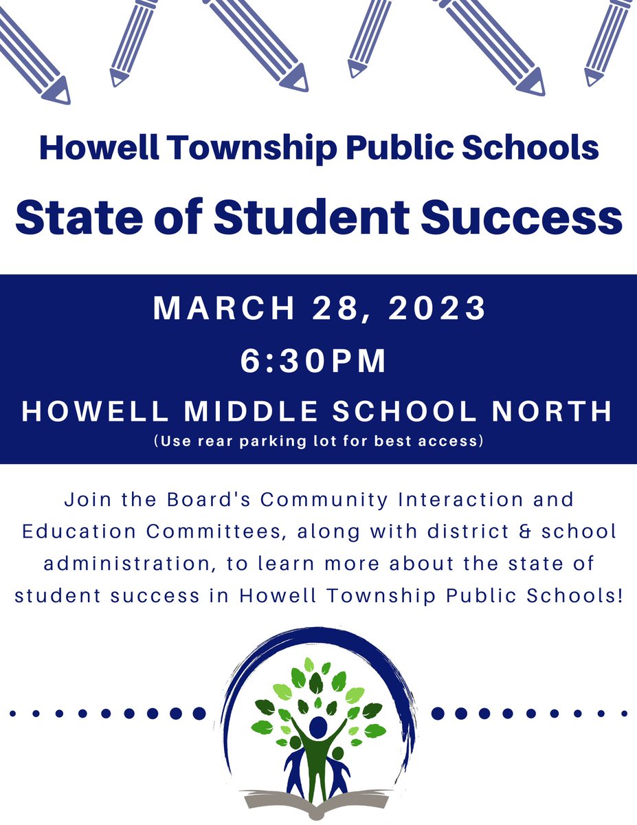 Join us on March 28th, 6:30PM at Middle School North, to learn more about the “State of Student Success” at Howell Township Public Schools! #HTPSLearnerSuccess #HTPSTalentTeams #HTPSCommunityEngagement #HTPSWellness #HTPSSustainable #HowellLeads