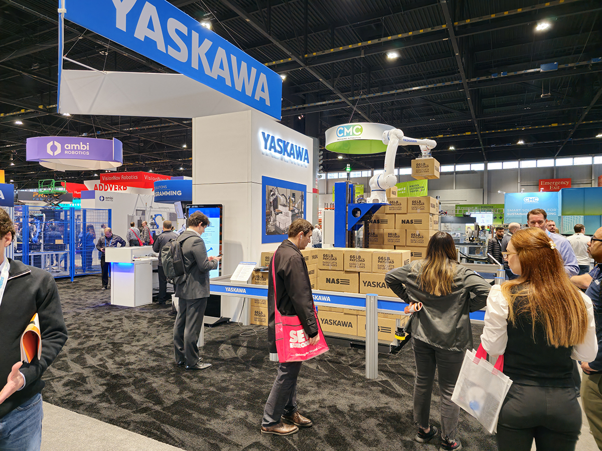 Yaskawa_Motoman's tweet photo. It's Day 4 of #ProMat2023! Here's a few of our partner demos you should check out! 

@AmbiRobotics Booth #N7757
Aegis Booth #S2412
Nalle Automation Booth #N8155 (#Yaskawa)
Mujin Booth #N7568

#automation #robotics #cobots https://t.co/044lqt7iw9