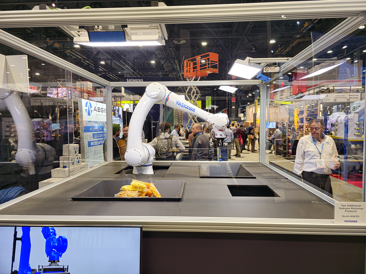 Yaskawa_Motoman's tweet photo. It's Day 4 of #ProMat2023! Here's a few of our partner demos you should check out! 

@AmbiRobotics Booth #N7757
Aegis Booth #S2412
Nalle Automation Booth #N8155 (#Yaskawa)
Mujin Booth #N7568

#automation #robotics #cobots https://t.co/044lqt7iw9