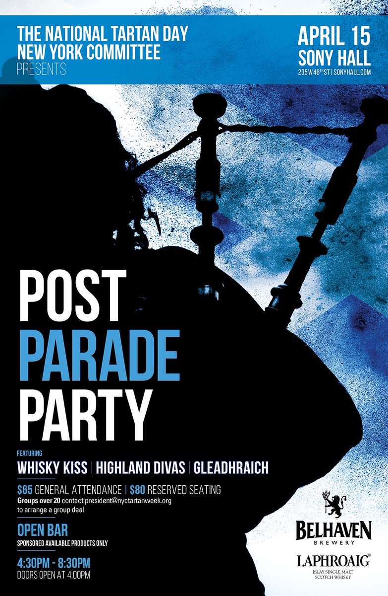 NYCTartanWeek (@nyctartanweek) on Twitter photo The Post Parade Party is here! Join us at <a href="/SonyHall/">Sony Hall</a> on April 15 after the parade for our 25th Anniversary bash featuring Whisky Kiss, <a href="/HighlandDivas/">The Highland Divas</a>, <a href="/Gleadhraich/">Gleadhraich</a> and more, sponsored by <a href="/BelhavenBrews/">Belhaven Brewery</a> and <a href="/beamsuntory/">Beam Suntory</a>
Tickets: bit.ly/40uRXxP The Post Parade Party is here! Join us at <a href="/SonyHall/">Sony Hall</a> on April 15 after the parade for our 25th Anniversary bash featuring Whisky Kiss, <a href="/HighlandDivas/">The Highland Divas</a>, <a href="/Gleadhraich/">Gleadhraich</a> and more, sponsored by <a href="/BelhavenBrews/">Belhaven Brewery</a> and <a href="/beamsuntory/">Beam Suntory</a>
Tickets: bit.ly/40uRXxP