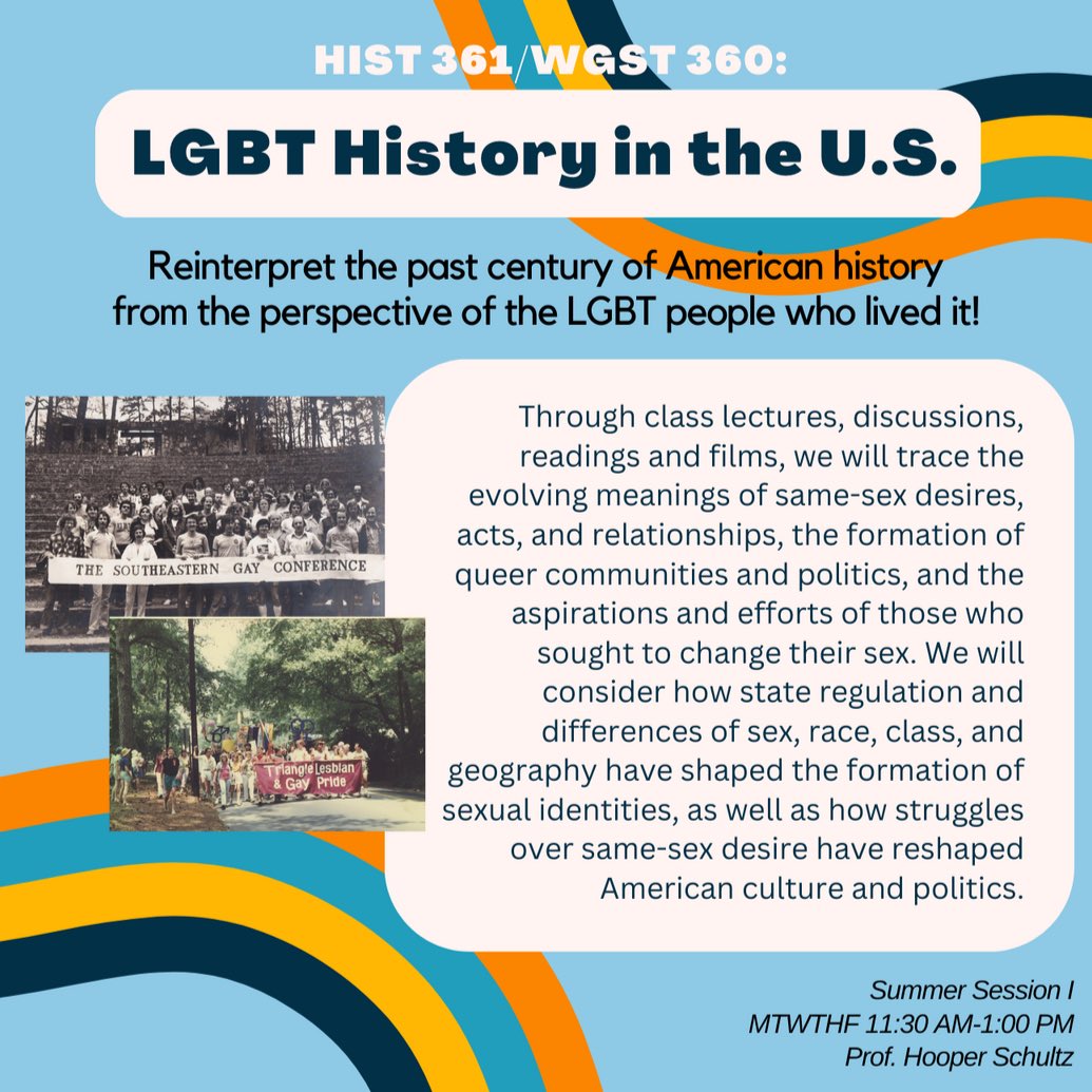Summer Session registration opens on Thursday!

Register to take HIST 361/WGST 360: “LGBT History in the U.S.” with Professor Hooper Schultz (@hoop3r). 

Summer Session I, MTWTF 11:30-1:00.