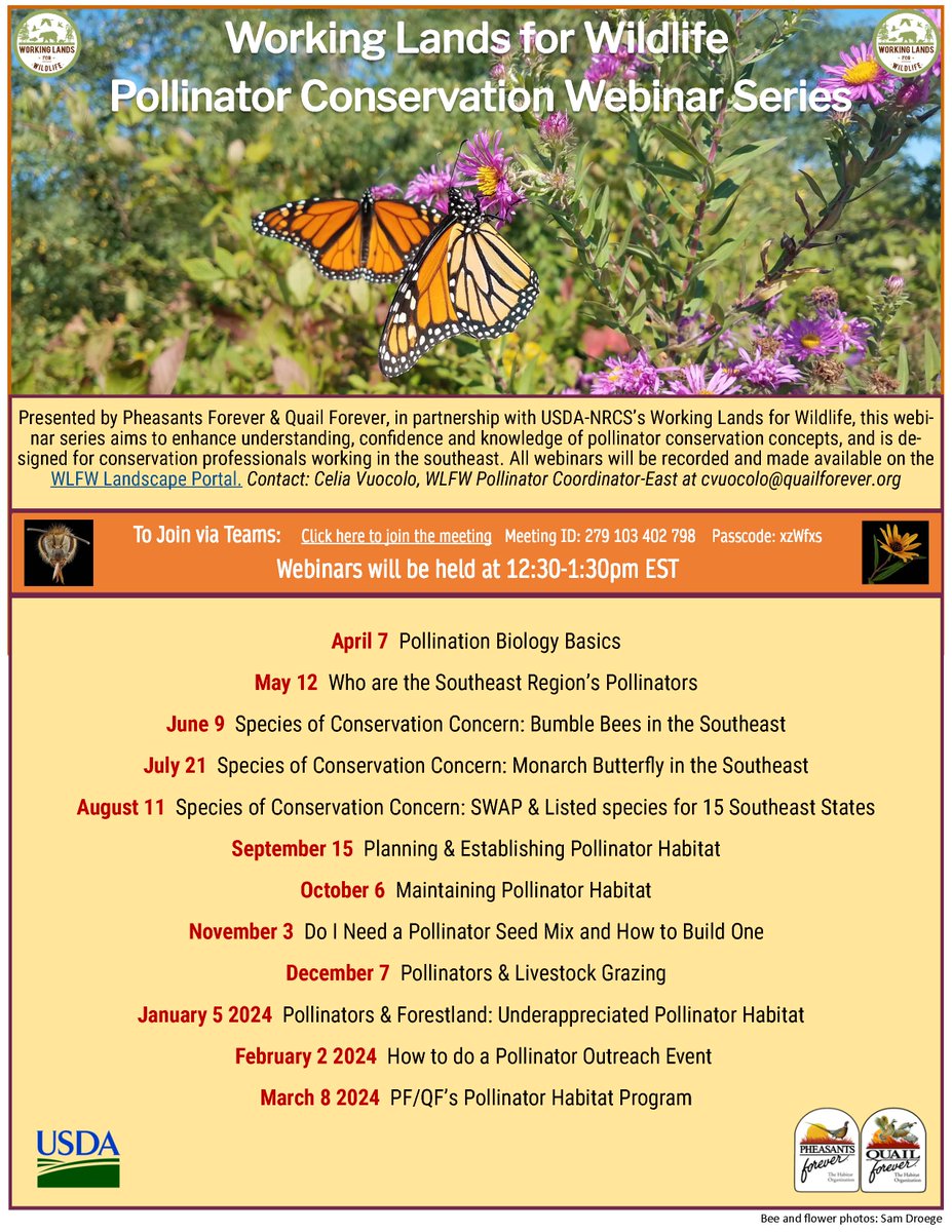 ArkansasNRCS's tweet photo. Check out the Working Lands for Wildlife webinar series by Pheasants Forever &amp; Quail Forever, in partnership with USDA-NRCS aimed to enhance understanding &amp; knowledge of pollinator conservation concepts. All recorded webinars will be available at https://t.co/LCjTu4Fb19 https://t.co/wVgeBgHsnS