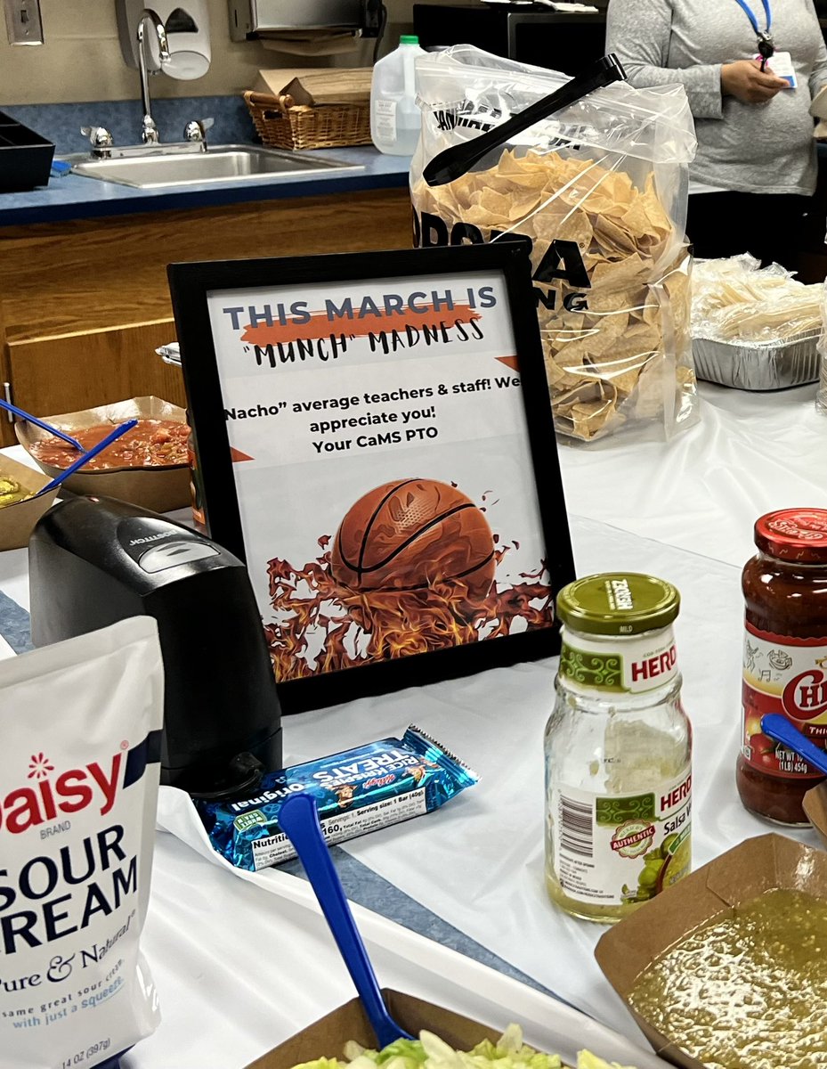 CaMSPTO's tweet photo. This March is “Munch” Madness.  Our latest Thankful Thursday celebrated “nacho” average teachers &amp; staff at CaMS.  We appreciate you! https://t.co/DzuxQpUl88