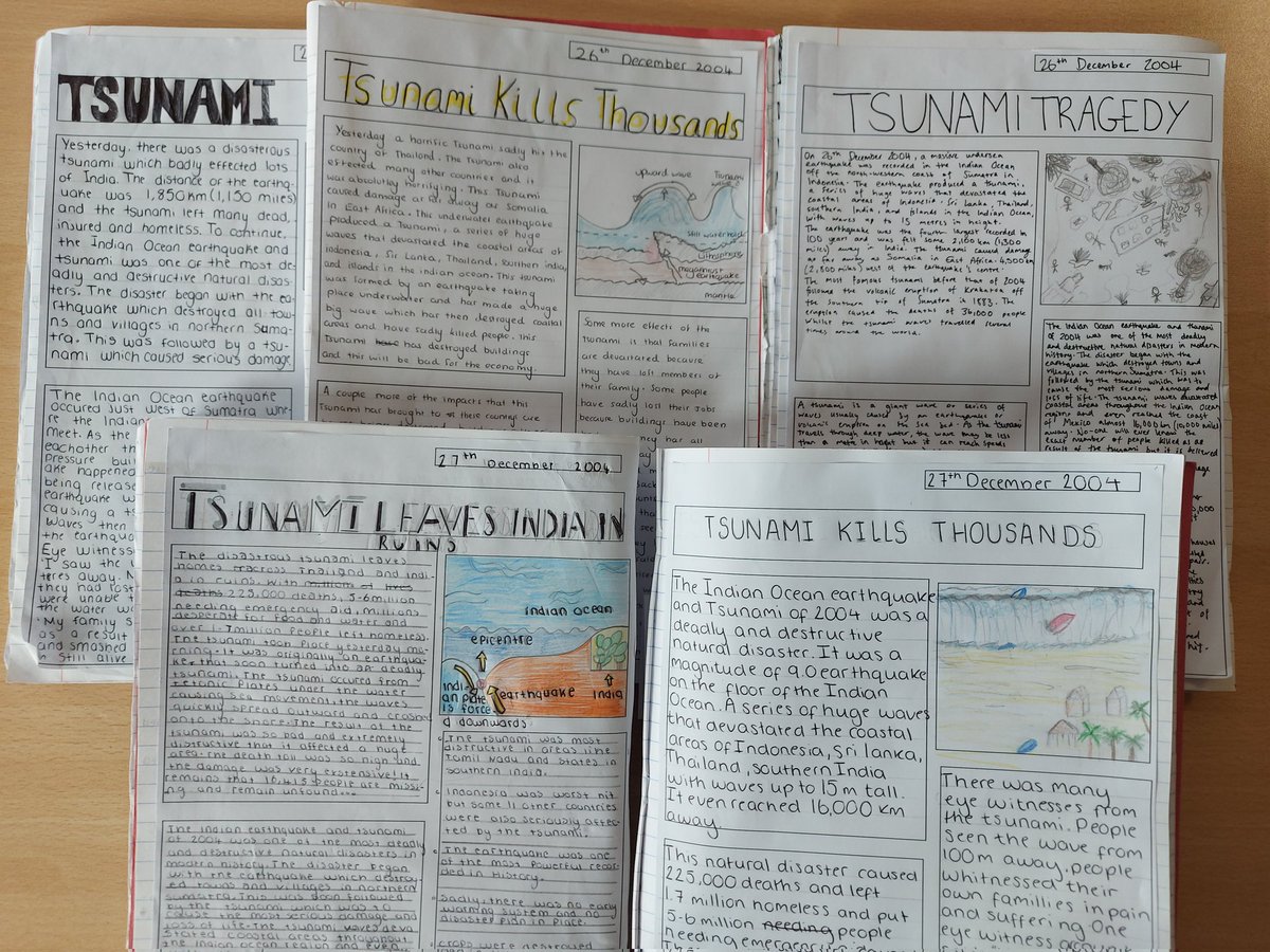 Mrslyonsrogers's tweet photo. Excellent work today by 9SM. They have written newspaper articles on the causes and effects of the Indian Ocean Tsunami (2004).  @CroesyGeog @croesyschool https://t.co/F4EwgHl4JG