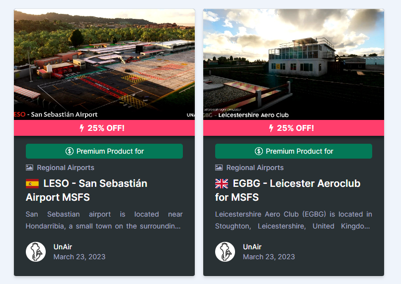 SPRING SALE ON <a href="/flightsim_to/">Flightsim.to</a> 🍃 , ALL OF OUR PRODUCTS ARE NOW 2️⃣5️⃣ % OFF💰!
Enjoy the Vasque Country with LESO 🇪🇦 or the British skies with EGBG.  🇬🇧

⬇️BUY NOW⬇️
linktr.ee/UnAir