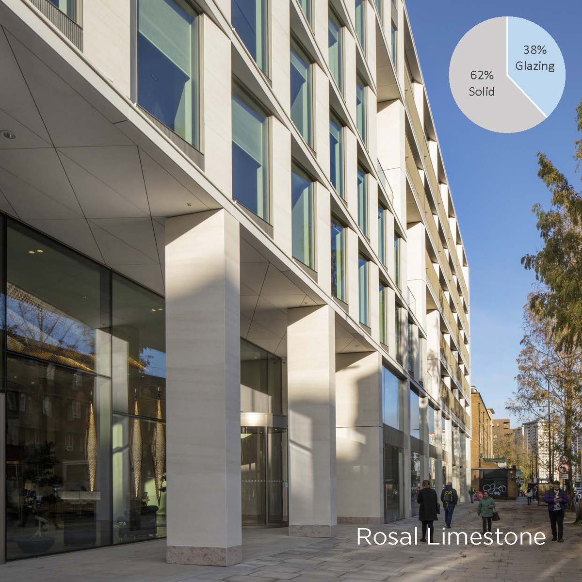 The Lantern, Natural Materials: The oak panel detailing in the building was crafted by local joinery experts. Timber elements promote a connection to nature and low carbon design. The stone and brick façade is made up of 62% solid and 38% glazing; within the targets set by LETI!