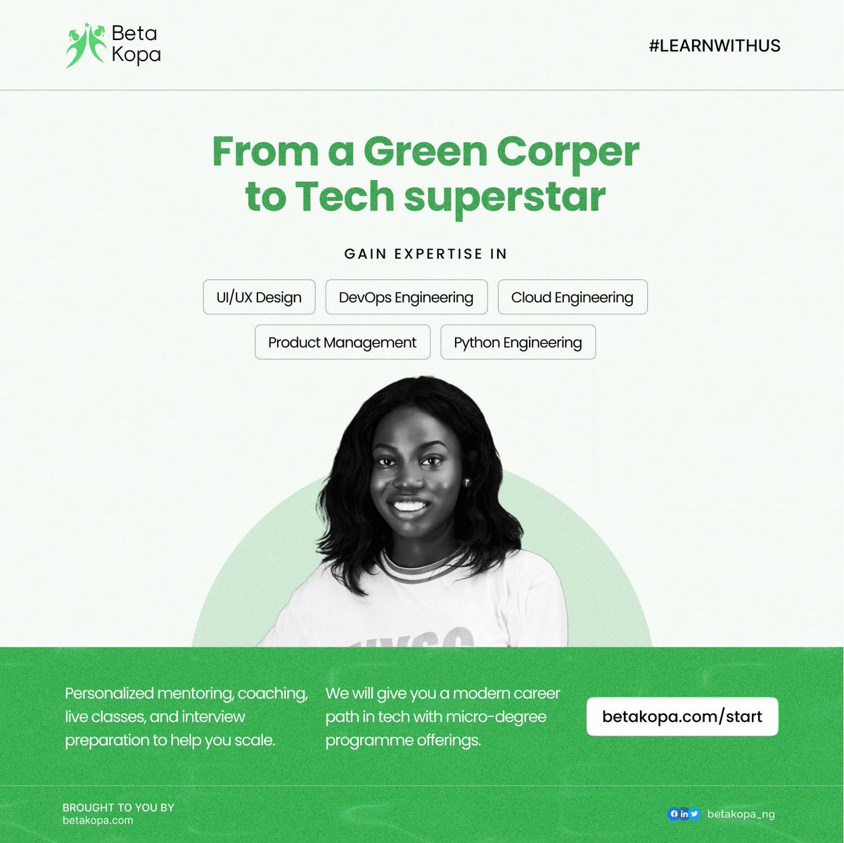 BetaKopa_ng's tweet image. Are you a NYSC corps member looking to boost your tech skills and increase your chances of landing a high-paying job after your service year? Well, look no further than Betakopa!
 
Visit; betakopa.com to get started

#nysc #9jacorpers #corpmembers #tech #CdS