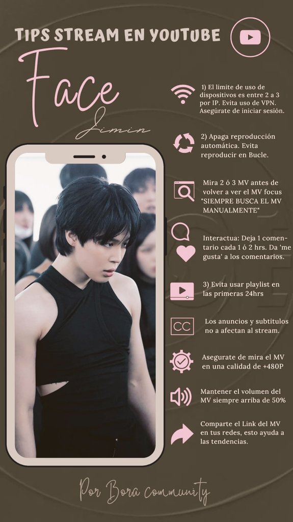 I_love_TaeKoo's tweet photo. Estamos a horas del lanzamiento de FACE, y les comparto algunos tips para utilizar Shazam, YouTube y Spotify para apoyar el lanzamiento. También les recuerdo las metas de nuestro país 🇬🇹
#Jimin_FACE
#boracommunity
#LikeCrazy https://t.co/vDyT9Vsjip