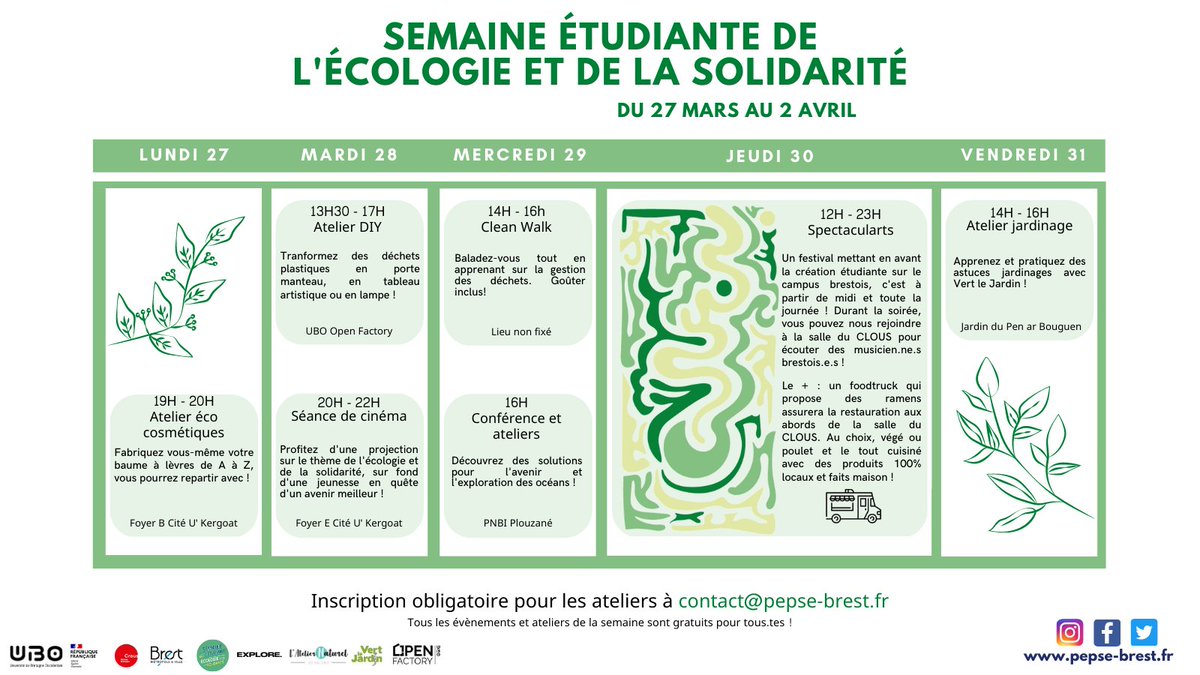 [SEES]

Du lundi 27 au vendredi 31 mars, c'est la Semaine Etudiante de l'Ecologie et de la Solidarité !

La PepSE vous propose son programme pour l'occasion, et tout est gratuit !

Les ateliers sont accessibles sur inscription à contact@pepse-brest.fr