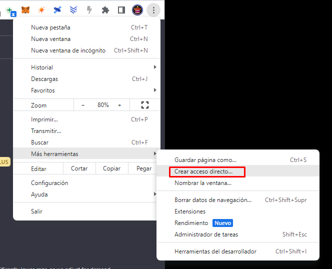 forobeta's tweet photo. 3/ 💼 Dirígete a "Más herramientas" y luego selecciona "Crear acceso directo". Aparecerá una ventana emergente. #ChatGPT4Tutorial https://t.co/vB4zIkDWfM