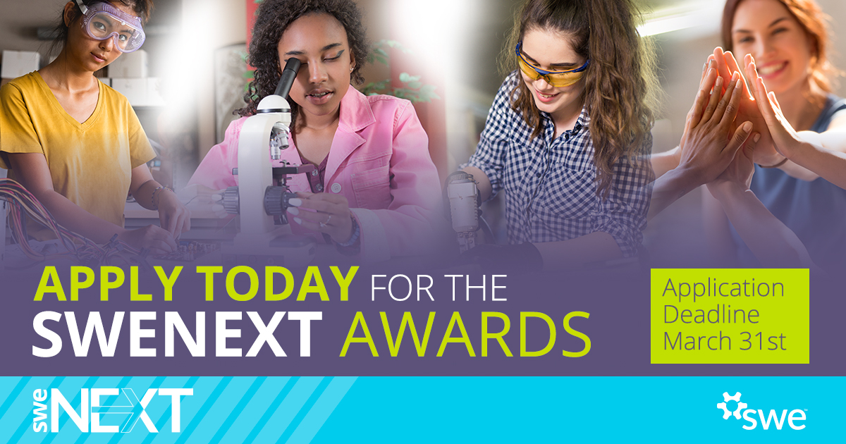SWENext's tweet image. The March 31st deadline to apply for #SWENextAwards is rapidly approaching! SWE strives to recognize the successes of SWENext Students &amp;amp; Clubs that do exceptional work in developing a community for students to explore STEM fields­­. Learn more and apply: swe.org/awards/