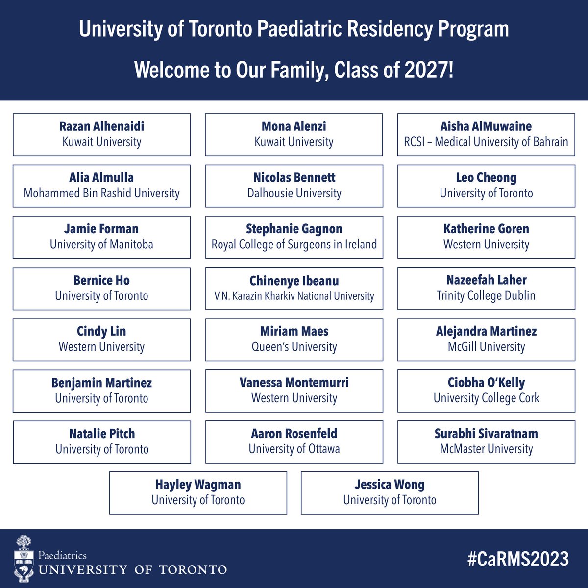 We are beyond thrilled to welcome our newest UofT Paediatrics family members! A huge congratulations to our incoming PGY1s and all final year medical students on the tremendous work it has taken to get to this day. We can’t wait to see the incredible things you all accomplish!