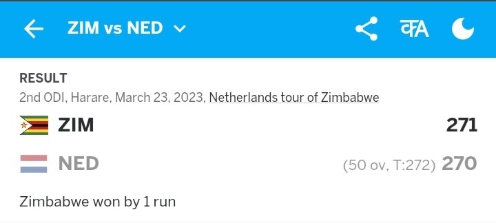 FancyaFlutter's tweet photo. #Cricket #ZIMvNED
#Zimbabwe Vs #Netherlands
- Target : 272
- Netherlands 30/0 4.2 overs
☆ Backed Zimbabwe at 2.10 ☆
>>> Zimbabwe won by 1 run <<<
#Inplay
#GoodThings
#FancyaFlutter
#WorldOfSport
#BettingTwitter
#GamblingTwitter
#BettingTips https://t.co/sdLMWRKmrW
