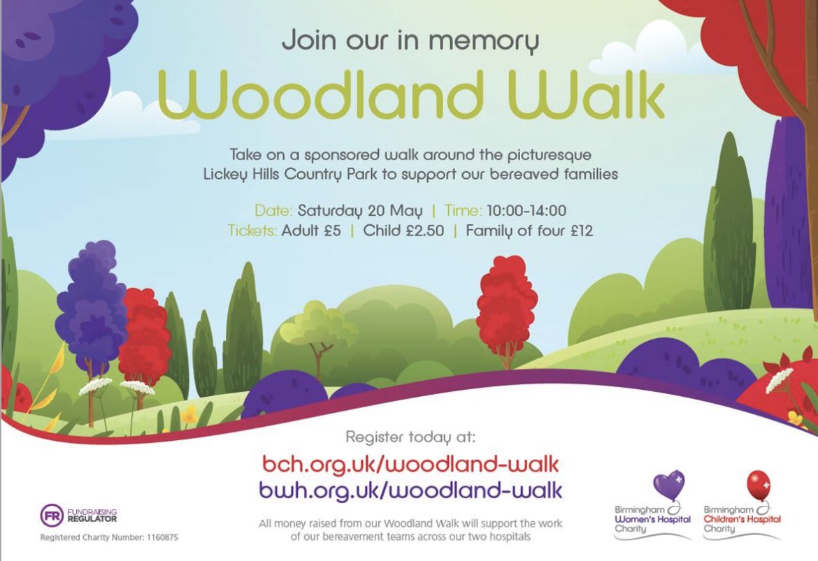 Hello All,

I just wanted to tell you about our Family friendly event in May.

Birmingham Women's and Children's Hospital's Woodland Walk in support of our Bereavement Services 🎈💜 

Find out more here:
bch.org.uk/Event/lickey-h…