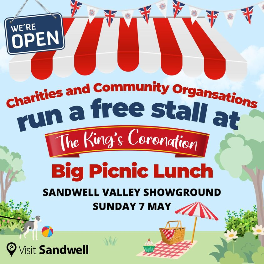 sandwellcouncil's tweet photo. 🛍️ Stallholders wanted! 

🇬🇧 Charities and community organisations are invited to host a stall at The Big Picnic Lunch at Sandwell Valley Showground on Sunday 7 May for The King's Coronation. 🧵👇 https://t.co/EajtbwEPeT