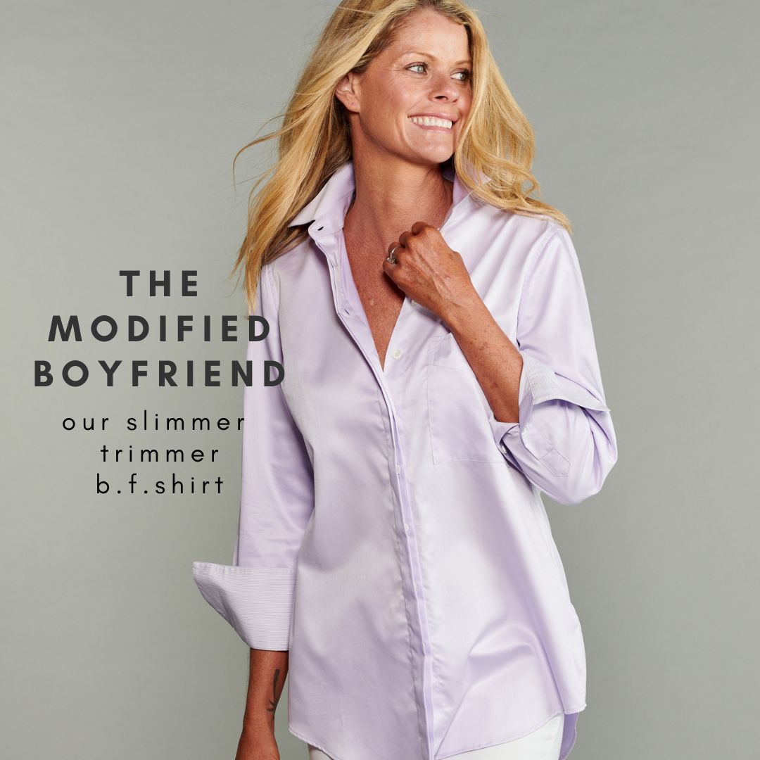 Look lovely in lavender ... Our Modified Boyfriend Shirt this season was created in a light lavender oxford with a pinstriped violet stripe.#boyfriendshirt