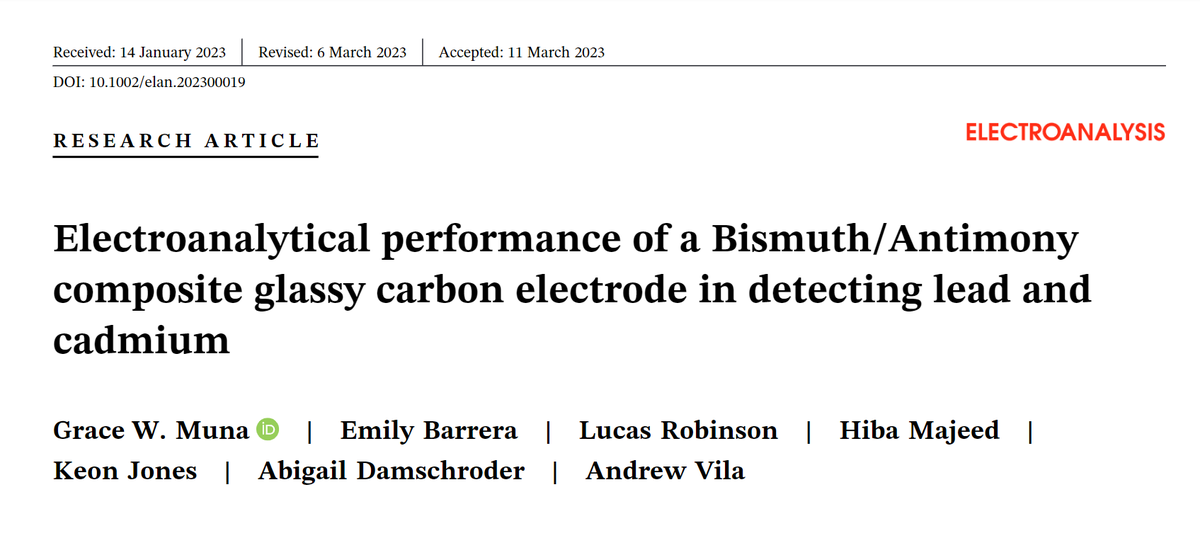 Congratulation to our Dr. Grace Muna and her 4 IN LSAMP scholars on their ELECTROANALYSIS publication!!!
-Emily Barrera (2021)
-Hiba Majeed (2022)
-Keon Jones (2017)
-Andrew Vila (2019)
#IUSB #Chemistry #STEM
