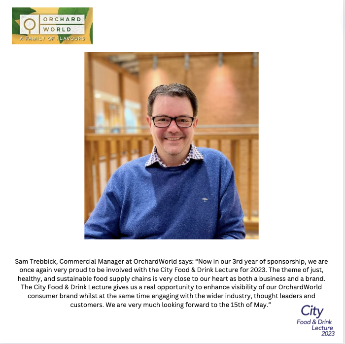 CityFoodLecture's tweet photo. Sam Trebbick, Commercial Manager of @OrchardWorld_ , sponsor for the third year running shares his thoughts on the importance of this year's theme...
#CFDL2023 #CFDLSponsor #OrchardWorld https://t.co/v3pefuLeYR