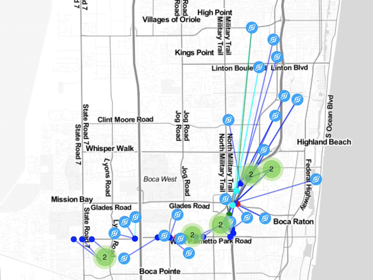 Impressive #LoraWAN coverage in Boca Raton. Mapping results from a 30 minutes early morning drive from West to East #Helium #IoTCommunity