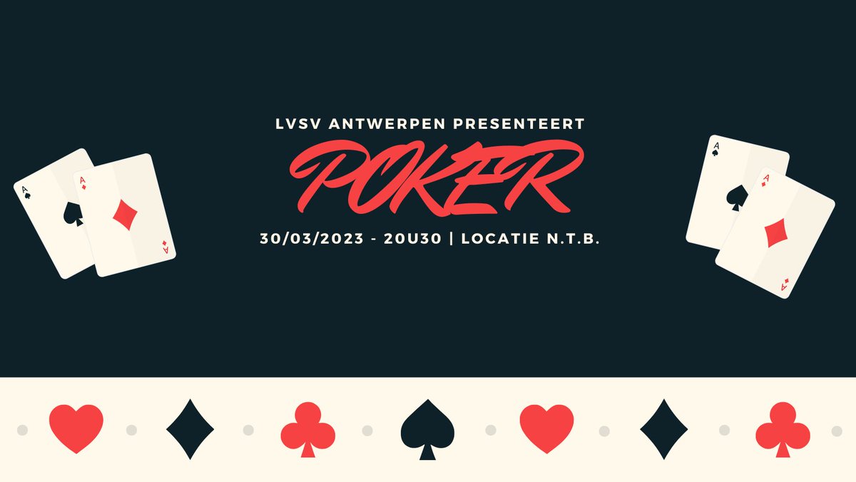 Op 30 maart 2023 organiseert LVSV Antwerpen een pokeravond.

De locatie wordt zo snel mogelijk meegedeeld.

Tot dan!
LVSV Antwerpen
