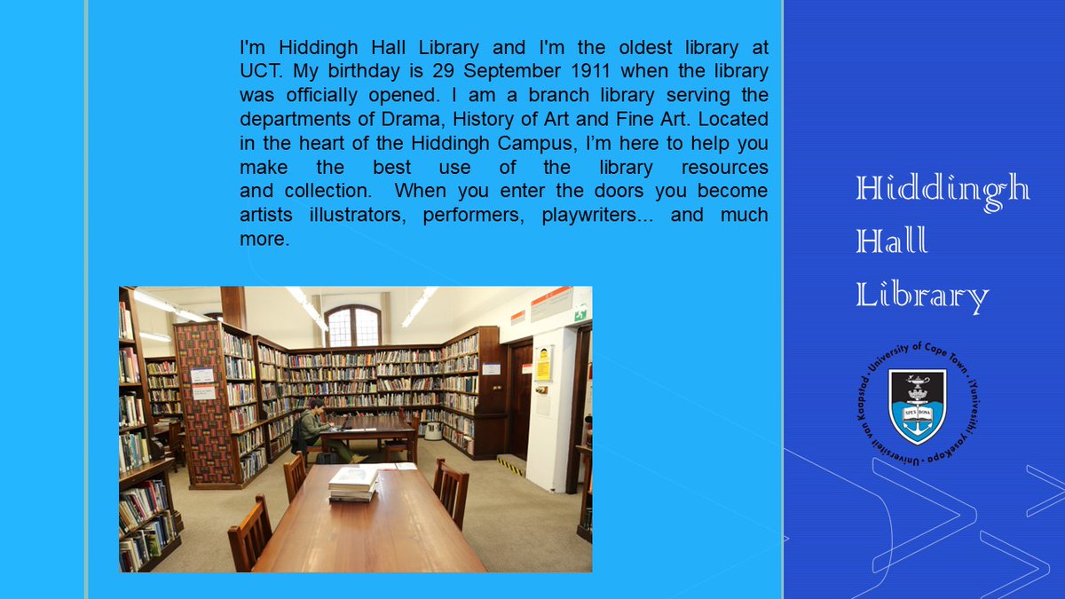 UCTLibrary's tweet photo. South African Library Week 2023: 
Libraries: telling powerful stories. UCT Libraries: Hiddingh Hall Library telling their story ... #salw2023 #powerfullibrarystories #beVisible #uctlibraries 
@LIASANews https://t.co/zfOpVwP9b7