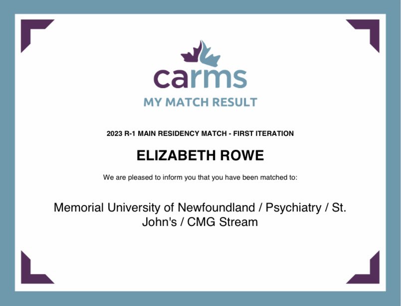 I couldn’t be happier to announce that I’ve matched to MUN psychiatry!! A dream come true 👩🏻‍⚕️😊 #CaRMSMatch #CaRMS2023