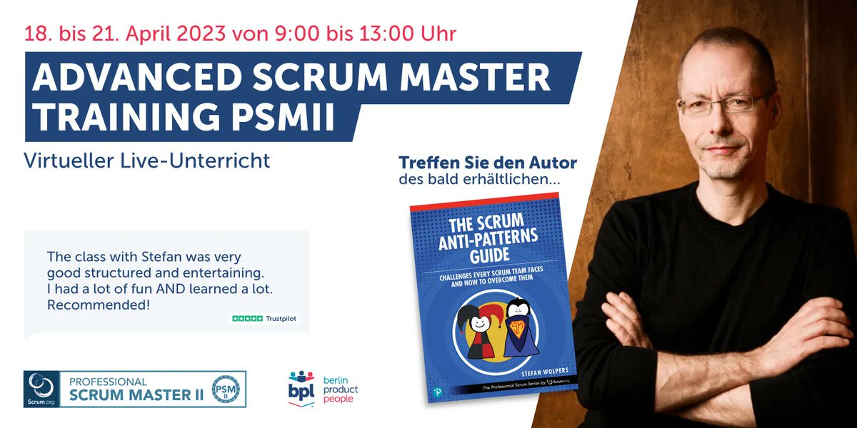 Berlin_PP's tweet photo. 🖥 💯 🇩🇪: “Outstanding #PSMII experience: Having looked forward to attending this class […] it was everything I expected, hoped for and then some.” 

Garantiert vom 18. bis 21. April 2023:

"Fortgeschrittenen Prof. #ScrumMaster Schulung" https://t.co/efOlR5Y1Pd @scrumdotorg https://t.co/H3aVkKOpo7