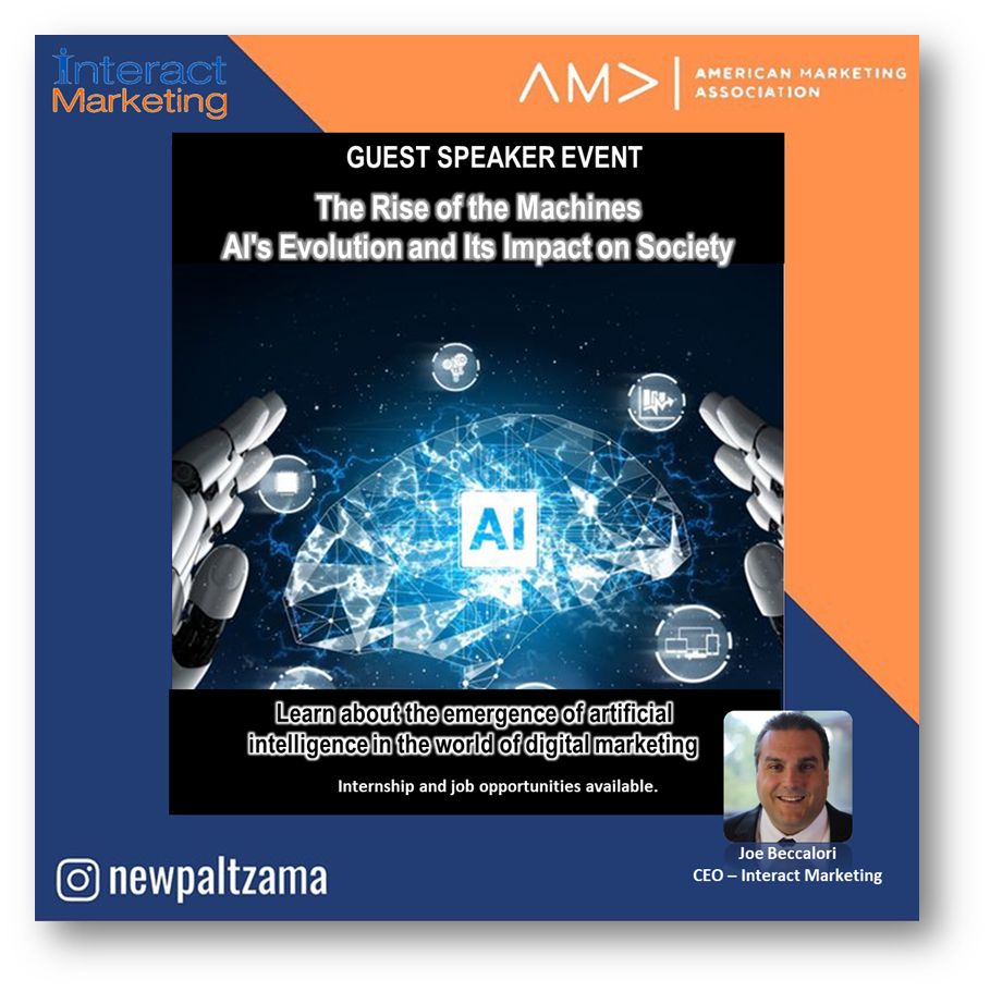 InteractMktg's tweet photo. Interact Marketing CEO Joe Beccalori will be presenting at the American Marketing Association at SUNY New Paltz at 5PM today, on the emergence of AI &amp; its impact on digital marketing &amp; society at large.
SUNY New Paltz Interact Marketing
#sunynewpaltz #AI #artificialintelligence https://t.co/y5s7qZ6xZT