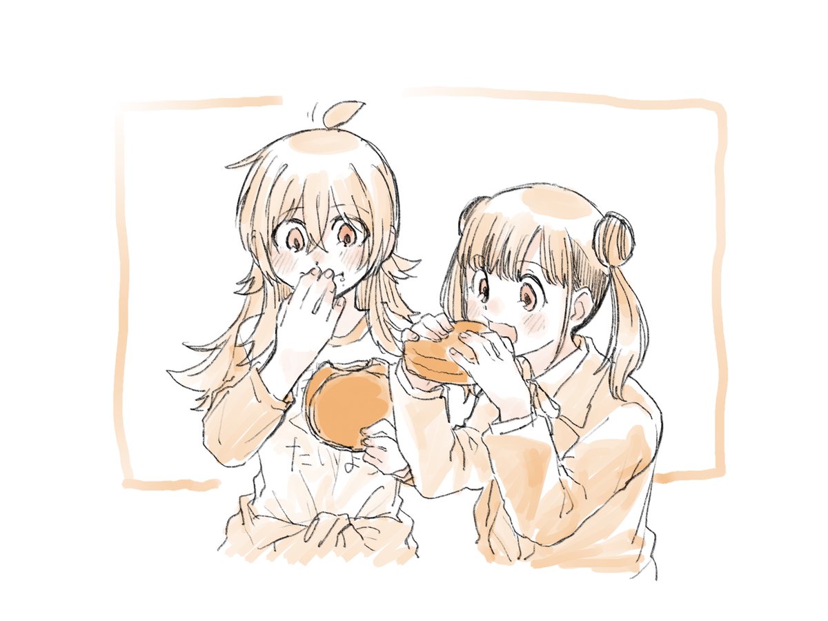 komiya kaho ,sonoda chiyoko multiple girls 2girls food hair bun ahoge eating double bun  illustration images