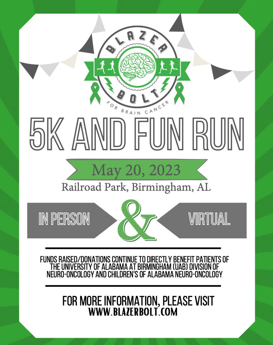 UAB Medicine (@uabmedicine) on Twitter photo 2023-03-23 15:43:02 Join UAB this May 2023 for the 10th Annual Blazer Bolt for #BrainCancer 5K run/walk, 1-mile fun run, and survivor walk! For more information, visit: blazerbolt.com Join UAB this May 2023 for the 10th Annual Blazer Bolt for #BrainCancer 5K run/walk, 1-mile fun run, and survivor walk! For more information, visit: blazerbolt.com