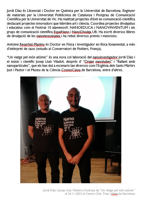 nanodialogos's tweet photo. El pròxim 25 a les 18h us presentem l'espectacle "Un viatge atòmic", un espectacle que combina #música, #poesis i la #història de l' #àtom

Lloc: Teatre parroquial de Sant Miquel dels Sants
c/ de l’Escorial 163

#art #ciència

Més info en imatges https://t.co/Ycn8jB9yZL
