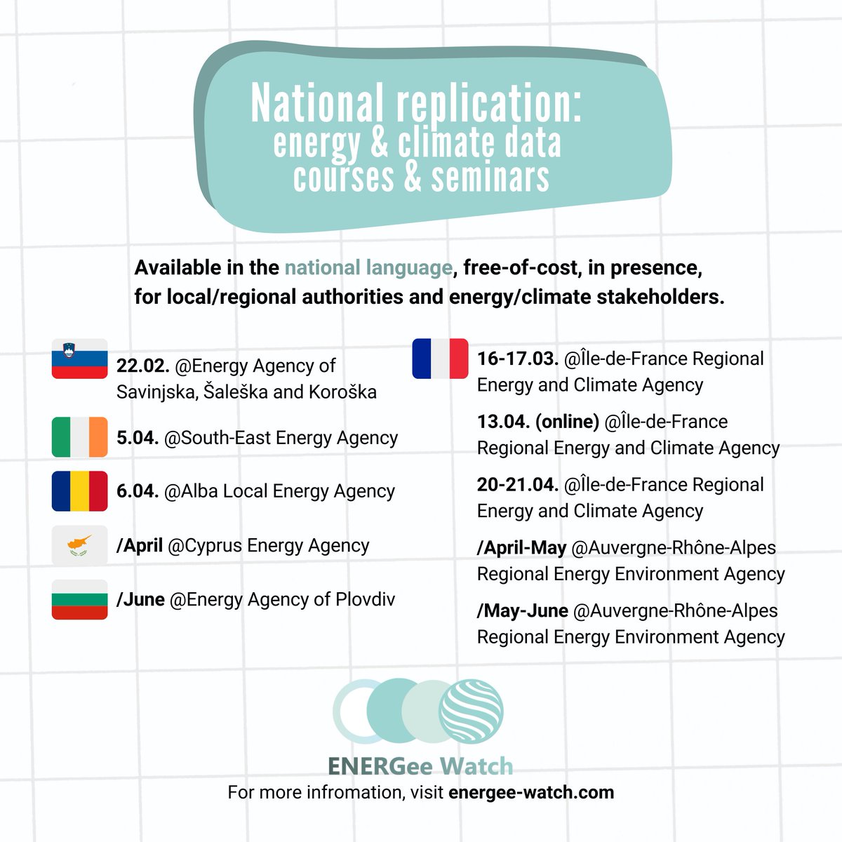 ENERGeeWatch's tweet photo. More #ENERGeeWatch #learning opportunities this spring-summer?😍

🔟seminars in 6️⃣countries &amp; national languages, suited to the specific needs of local authorities, #energy/#climate agencies &amp; stakeholders.
📖Topics &amp; details ➤ https://t.co/m4B990VDl6

#CapacityBuilding #data https://t.co/chqNuc0ugS