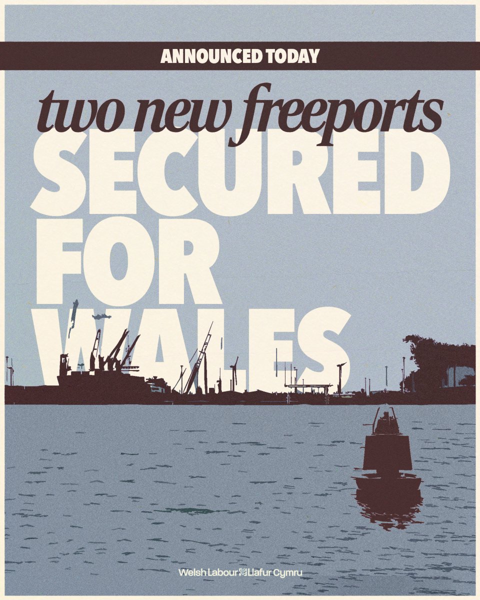 WelshLabour's tweet photo. Today, @MarkDrakeford announced the establishment of two new freeports in Wales.

The Welsh Labour Government has secured a commitment from the UK Government to work in partnership on freeports ��� ensuring the climate emergency, sustainability, and workers’ rights are prioritised. https://t.co/imBIu4EKCH