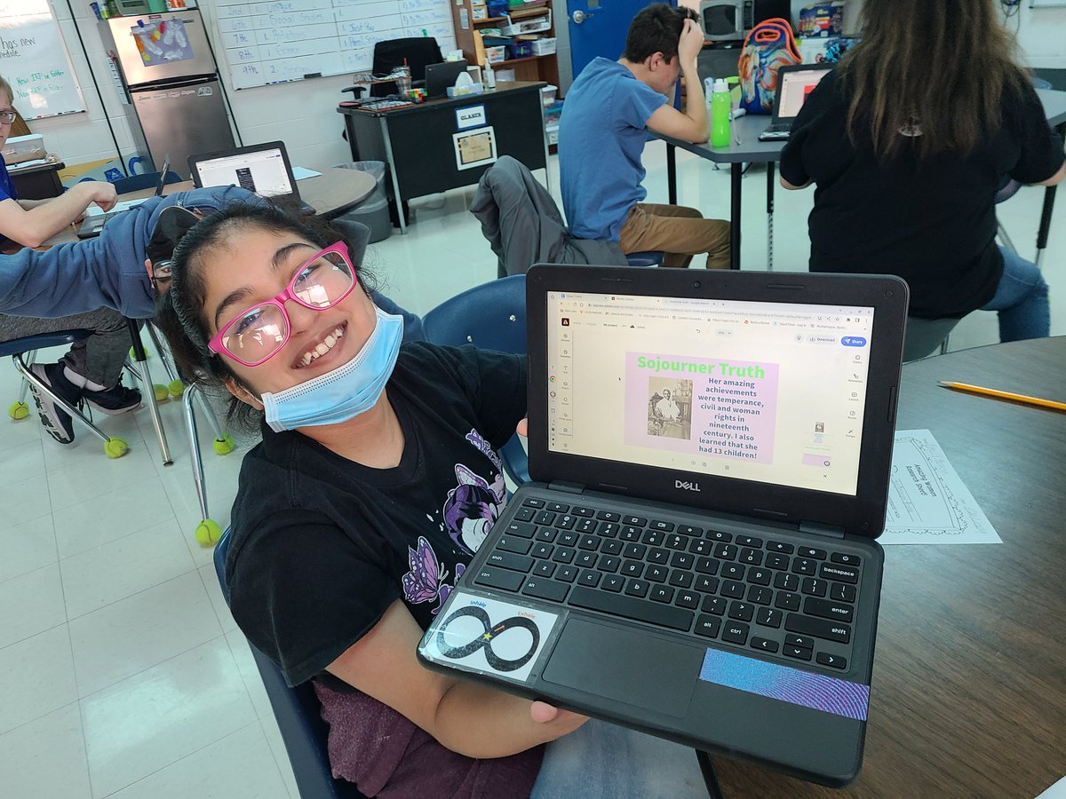 KimKral1's tweet photo. Task 2: My students worked on using their research of an influential women to create an informative flyer in Adobe Express today! #RobinsonISD #RISDSOLLEVARE #WomensHistoryMonth https://t.co/zQeYoaDegg