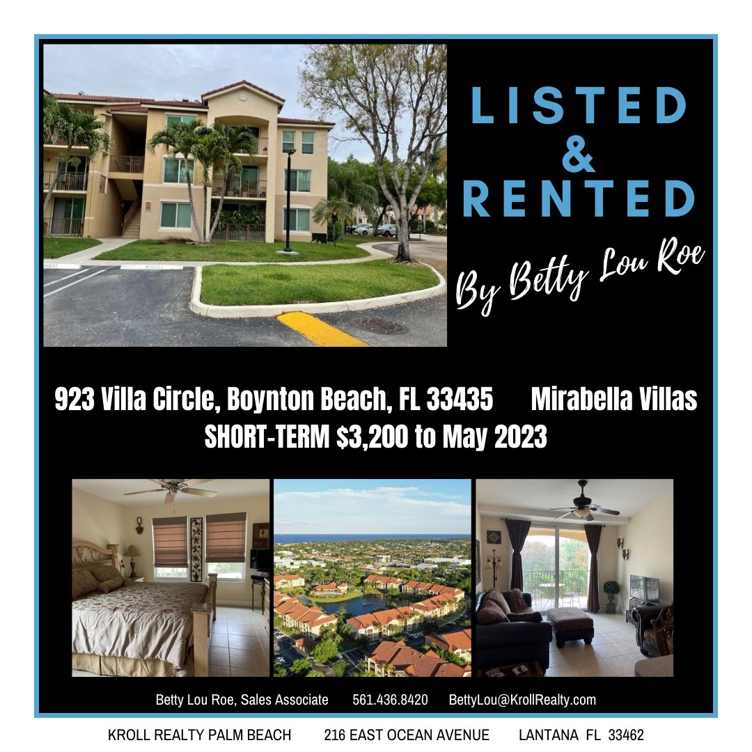 KROLLREALTY's tweet photo. 📢RENTED by Betty Roe, Realtor 
$3,200/Month fully furnished Short-Term

Rented to April 30 - Available May 1, 2023

📍923 Villa Circle, Boynton Beach FL 33435
MIRABELLA VILLA #ForRent

Great Work by Betty Roe, Realtor
📞561.436.8420
📧BettyLou@KrollRealty.com

Contact Us! #Now https://t.co/QnL9sHXYvn