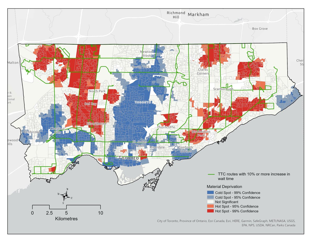Our short report on potential impacts of upcoming #TTC cuts in TO's marginalized communities shows that 26 of 28 routes with &gt;10% longer wait times will go through areas w high concentrations of poverty (red). <a href="/TMUsurp/">SURP</a> <a href="/TMUTransForm/">TransForm Lab</a> <a href="/CityBuildingTMU/">City Building TMU</a>  transformlab.torontomu.ca/portfolio-item…