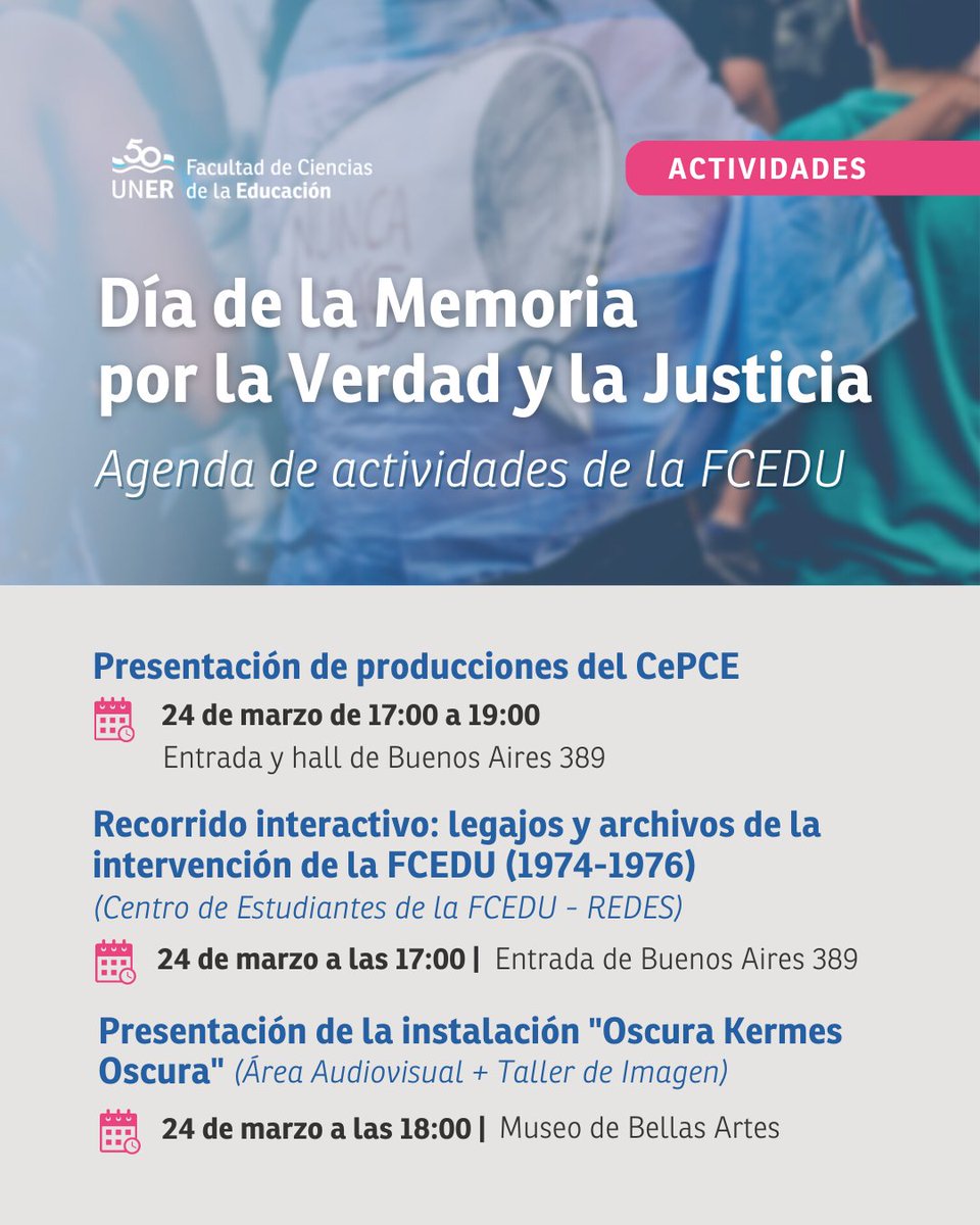 🔵 En el 47° aniversario del Golpe de Estado, este viernes la #FCEDU permanecerá abierta de 17:00 a 19:00, mientras se aguarda la llegada de la marcha por «Memoria, Verdad y Justicia».

Habrá actividades en Buenos Aires 389 y en el Museo de Bellas Artes ➕ bit.ly/3Z9tZHo
